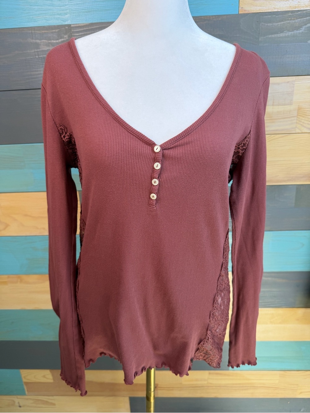 Denim & Supply Ralph Lauren Dusty Rose Henley with Lace Trim No Size Tag Y2K